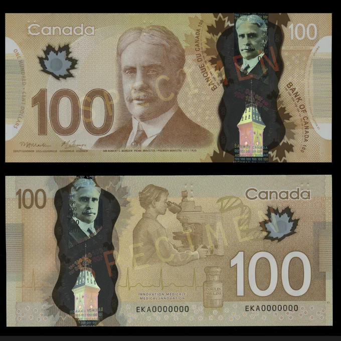 Billet de banque brun, deux côtés, homme aux cheveux gris en complet au recto, une technicienne de laboratoire au verso.