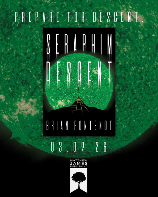 Image of a green gasseous star on a black background. The cover of Seraphim Descent is placed on top. Top text reads: Prepare for descent. Bottom text reads: 03.09.26"