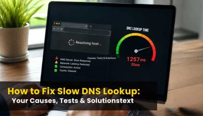 Laptop screen showing slow DNS lookup test results with DNS lookup time gauge and troubleshooting checklist.