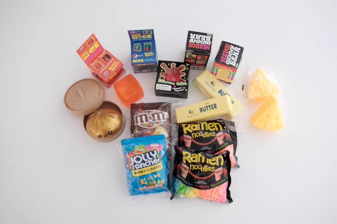 A display of seized squishy toys and candy.