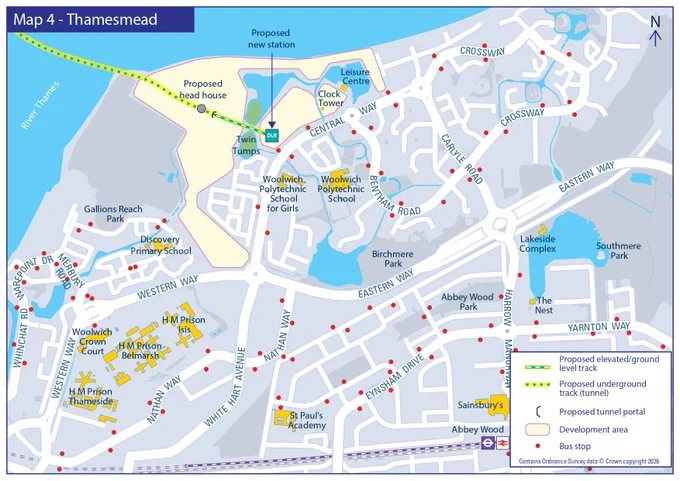 A geographic map titled "Map 4 - Thamesmead" illustrating the continuation of a proposed DLR extension under the River Thames. The route emerges from a proposed underground tunnel track near a head house, transitioning into an elevated or ground-level track that terminates at a proposed new station next to the Twin Tumps and a designated development area.