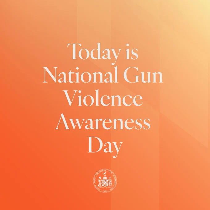 An orange background with white text stating, "Today is National Gun Violence Awareness Day." At the bottom, there is a small, white circular seal with text.