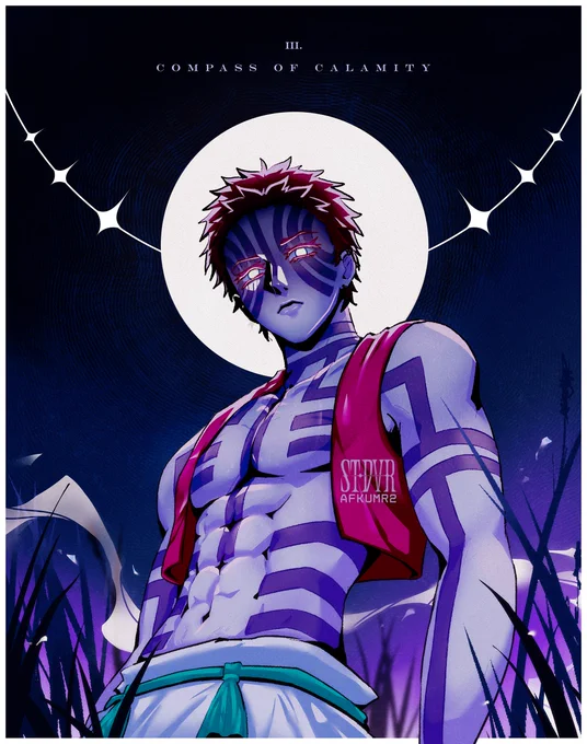 [ID: Akaza from the waist-up, viewed from a low angle. He's looking down at the viewer with his usual look of neutral disdain, in a field of tall grass. He's backlit by a flat white halo, representing the full moon, which is intersected by a white symmetrical arc that is studded with four point stars arranged along the curve. The shadowing on Akaza is dramatically dark, lightening the lower down his body you went, with the top half of his face as the darkest post of shadow. His eyes, usually gold, are the same glowing bright white as the moon behind him. Around him, the night is a deep blue and purple, painting the grass around him in the same shades. He looks otherworldly and dangerous. END ID.]