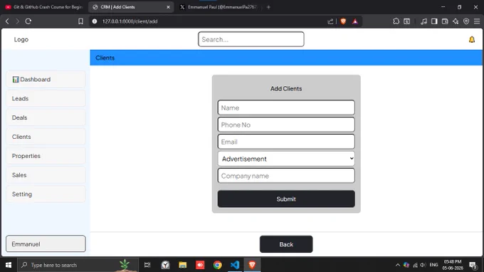 Day 21 of #100DaysOfCoding ✅
Add Clients page is up 💪

📅Data could be entered from frontend itself
🙃Working UI
🔗Seemless integration

🎯Target:- Learn about Git and make it live in Github

#Saas #BuildInPublic #IndieHacker #Git #Github #Python #Django #Developer #Programmer