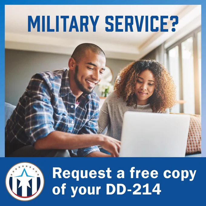 A man and a woman look at a computer screen. Text: Military Service? Request a free copy of your DD-214. With the Michigan Veterans Affairs Logo.