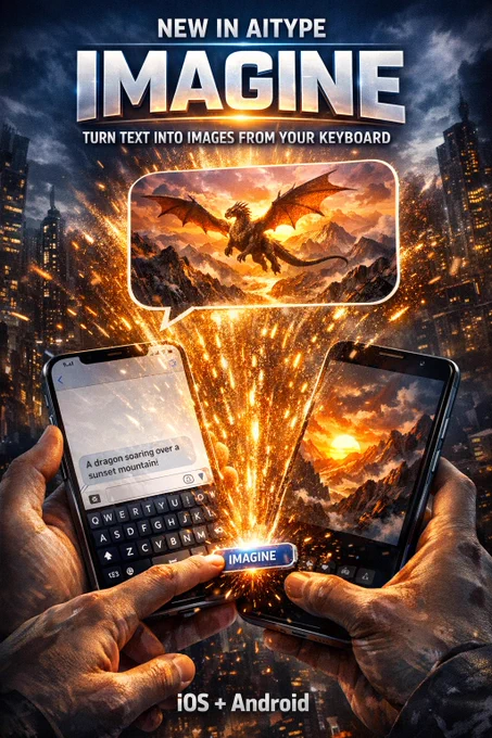 Movie-style AiType poster showing a phone keyboard with an Imagine button turning typed text into a generated image ready to send in chat. Text reads: New in AiType, Imagine, turn text into images from your keyboard, iOS and Android.