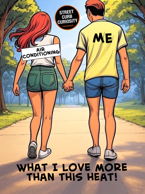 a cartoon of a couple, one is A/C and the other is me.  Do you love the heat?  a podcast topic from street curb curiosity 