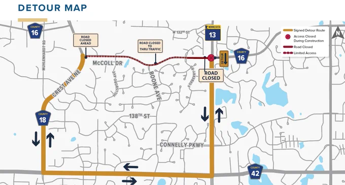 County Highway 16 Detour Map in Savage (between County Highway 18 and State Highway 13). Detour Route via County Highway 18, County Highway 42, and State Highway 13
