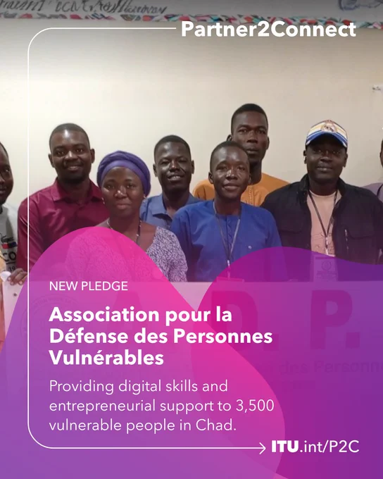 Visual by Partner2Connect Digital Coalition celebrates the Association pour la Défense des Personnes Vulnérables (ADPV) for providing digital skills and entrepreneurial support to 3,500 people in rural and vulnerable communities through two integrated programmes, creating lasting pathways for social and economic inclusion.