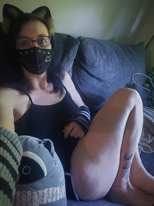 a selfie of me on the couch, I'm wearing raccoon ears, a face mask, striped arm warmers, a black cami, and short athletic shorts. my legs are curled up and there is a stuffed raccoon next to me
