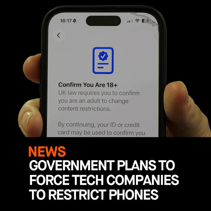 Image of an iPhone showing 'confirm if you are 18 ' screen and text below reads 'News: Government Plans to Force Tech Companies to Restrict Phones'