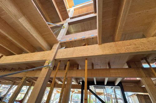 Interior view of a wooden construction site showcasing timber beams and supports. Sunlight filters through, highlighting the structure's framework.