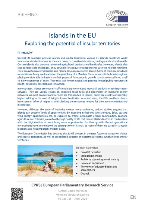 EPRS briefing summary on 'Islands in the EU: Exploring the potential of insular territories' (April 2026)