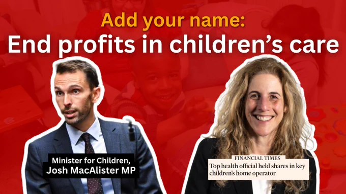 A compelling advocacy image urging viewers to end profits in children's care. It features two individuals with text overlays highlighting their roles.