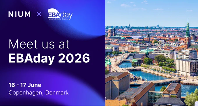 The image features promotional content for EBAday 2026, with logos for NIUM and EBAday. The event is scheduled for June 16-17 in Copenhagen, Denmark. The right side of the image displays an aerial view of a cityscape with historical buildings and waterways.
