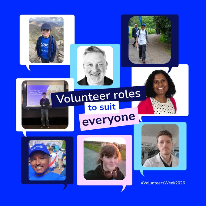 Collage of volunteers in different settings, including outdoors, events, and a lab, with text ‘Volunteer roles to suit everyone’ and #VolunteersWeek2026.