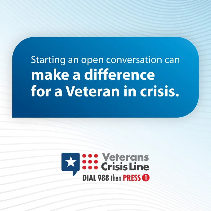 Start an open conversation to help a veteran in crisis, featuring the logo of the Veterans Crisis Line and the dialing instructions, "Dial 988 then PRESS 1.
