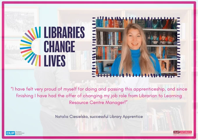 Photo of woman with the quote: "I have felt very proud of myself for doing and passing this apprenticeship, and since finishing I have had the offer of changing my job role from Librarian to Learning Resource Centre Manager!"
