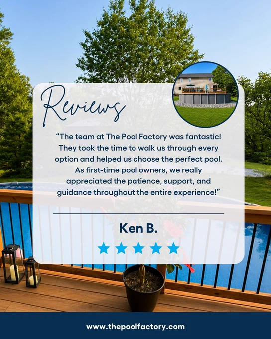 Customer review graphic featuring a five-star testimonial from Ken B. over a backyard above ground pool scene with trees, decking, and a pool photo inset.