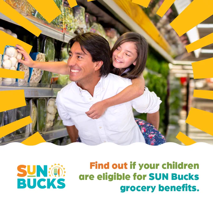 A graphic of a smiling father carrying his daughter on his back in a grocery store.