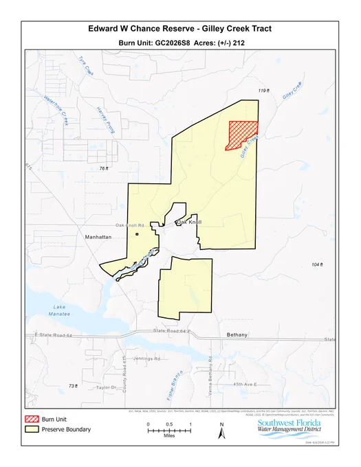 A map of the Edward W Chance Reserve - Gilley Creek Tract from the Southwest Florida Water Management District. It highlights a 212-acre "Burn Unit" (GC2026S8) shaded with red cross-hatching in the northeastern section of the pale-yellow preserve. The map includes surrounding landmarks like Gilley Creek, Lake Manatee, and State Road 64.