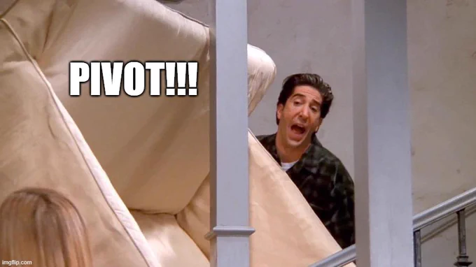 The character Ross from the show "Friends" is shown struggling to move a sofa up a staircase. The word "PIVOT!!!" is prominently displayed in bold letters. 