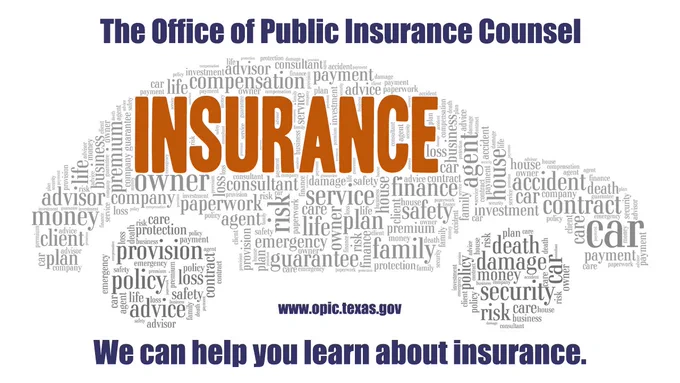 A series of insurance-related terms shaped as an automobile and the message to head over to www.opic.texas.gov for greater understanding of basic insurance terms and their meanings.
