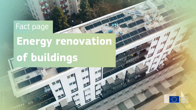 Visual of an aerial view of a modern multi-story apartment building with solar panels installed across its rooftop. Overlaid text reads 'Fact page' and 'Energy renovation of buildings' in white letters on a light green background. Residential buildings and trees are visible in the surrounding neighbourhood. The image has a soft green and yellow gradient overlay, and the European Commission logo appears in the bottom-right corner.