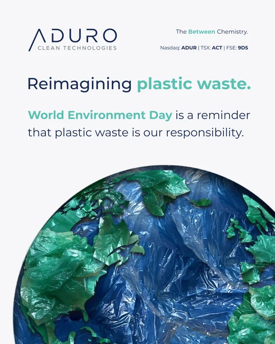 A graphic that reads: “Reimagining plastic waste. World Environment Day is a reminder that plastic waste is our responsibility.”. An image of a globe made of plastic bags is pictured below the text. The header includes the Aduro logo, tagline “The Between Chemistry”, and stock symbols.