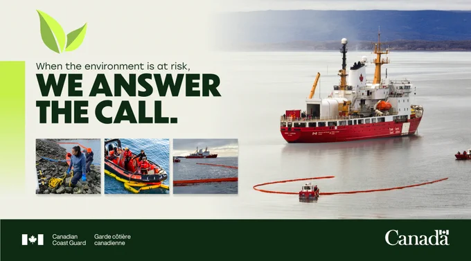 A Canadian Coast Guard promotional banner shows a red icebreaker ship on calm water deploying a long orange containment boom. Smaller inset images on the left show rescue responders in bright gear operating boats. Text on image: When the environment is at risk, we answer the call.