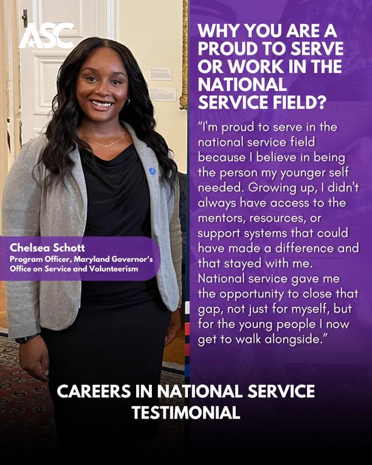 Chelsea Scott standing in front of a display with the ASC logo. She is smiling and wearing professional attire, with a badge. Text on the display discusses the value of working in the national service field, including providing opportunities and support systems.