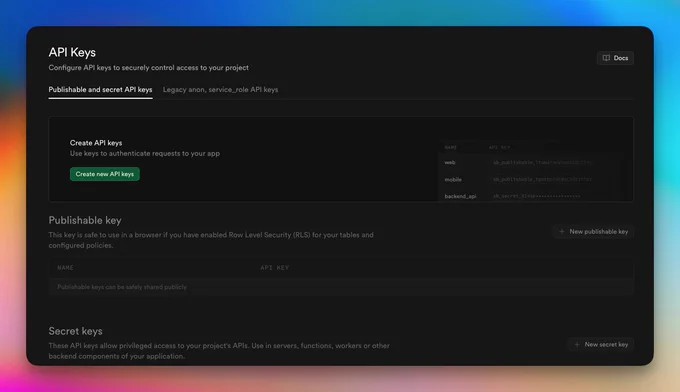 Supabase dashboard API Keys page showing the Publishable and secret keys tab with the Create new API keys button.