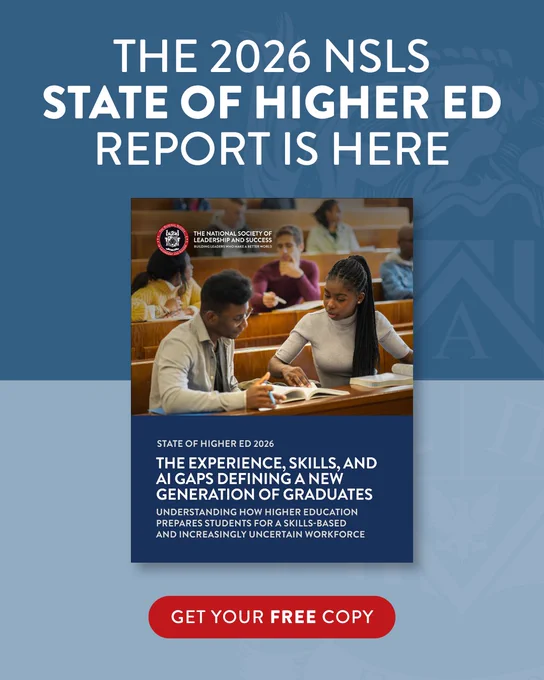 Promotional image for the 2026 NSLS State of Higher Education report. Features a diverse classroom scene with students discussing work.