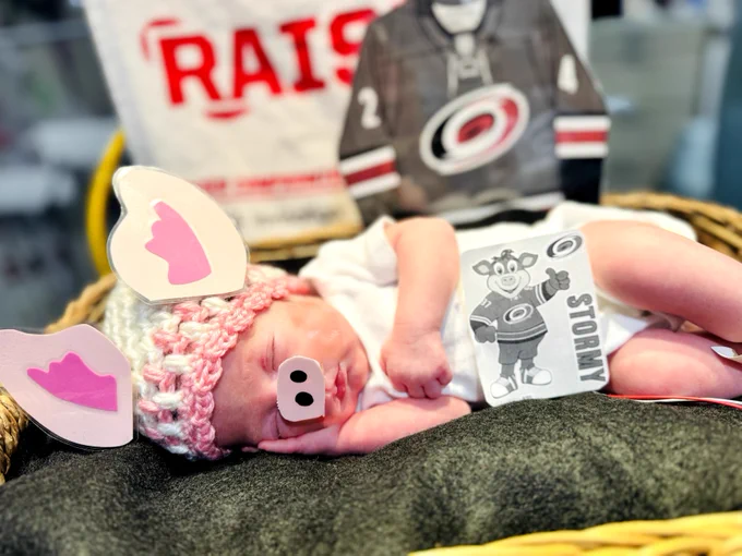 Several UNC Health Rex NICU babies wear Carolina Hurricanes-themed outfits while resting in their bassinets. Cutouts of Stormy, the Hurricanes mascot, and the Stanley Cup are displayed beside them as they celebrate the team's win.