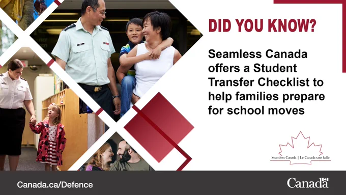 A graphic showing several people, some are in military uniform. Text: Seamless Canada offers a Student Transfer Checklist to help families prepare for school moves.