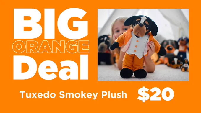 A BIG Orange Deal graphic showing a Tuxedo Smokey Plush for $20.