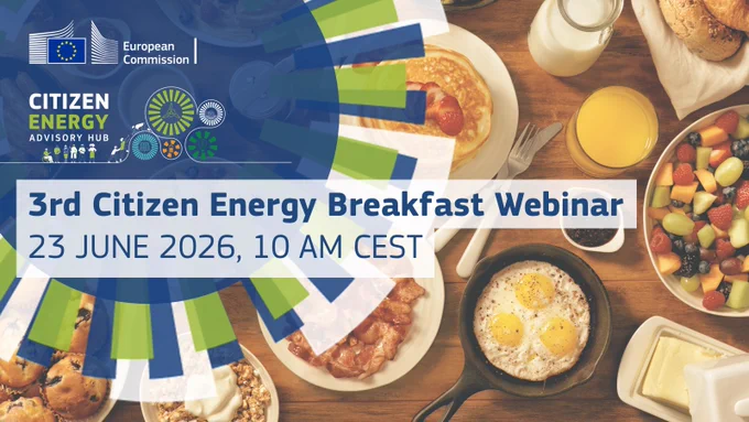 Citizen Energy Advisory Hub - 3rd citizen energy breakfast webinar. 23 June 2026, 10 am CEST. Photo in the background of a breakfast table. 
