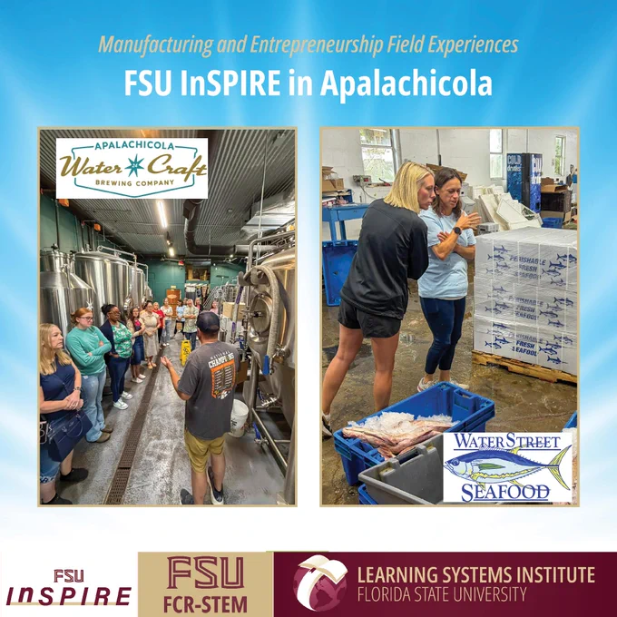 The image features two photos from an FSU InSPIRE workshop. The first photo shows a group inside a brewery with steel tanks, labeled "Water Craft Brewing Company," where a presentation appears to be taking place. The second photo depicts a tour in a seafood processing facility with stacked boxes labeled "Water Street Seafood," where participants seem to be listening intently.  Logos for FSU InSPIRE, FCR-STEM, and Florida State University's Learning Systems Institute are displayed at the bottom.