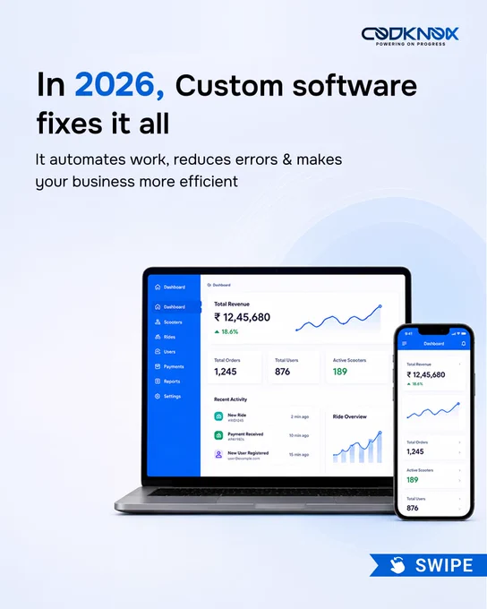 An infographic image with text "In 2026, Custom software fixes it all: It automates work, reduces errors, and makes your business more efficient."
