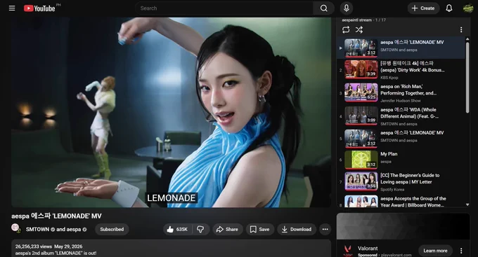 aespa Lemonade MV at 26.2M views; streaming using Lemonade-focus PL by aespaintlstream