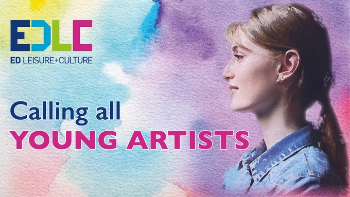 Image with watercolour effect, young woman and the wording: Calling all young artists