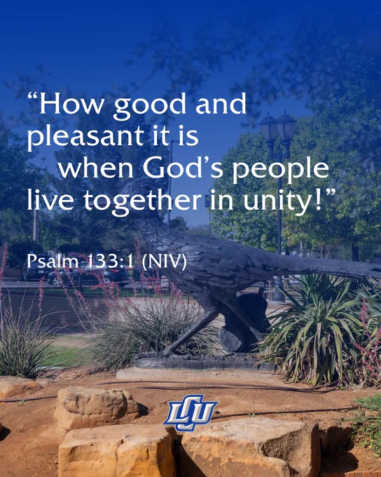 psalm 133:1, 'how good and pleasant it is when God's people live together in unity' text overlayed on a photo of a bronze bird statue with plants surrounding it