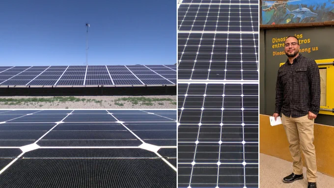 Image collage featuring solar panels and a man standing near an exhibit sign at a museum. The solar panels fill the majority of the image, displaying a vast array under a clear blue sky.