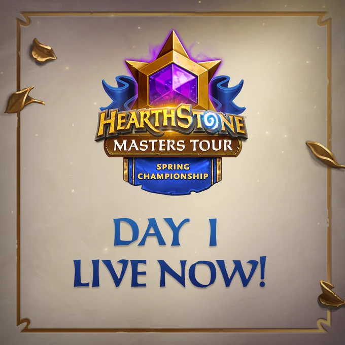 Hearthstone Masters Tour Spring Championship graphic with the Masters Tour logo and text saying Day 1 Live Now on a parchment-style background.