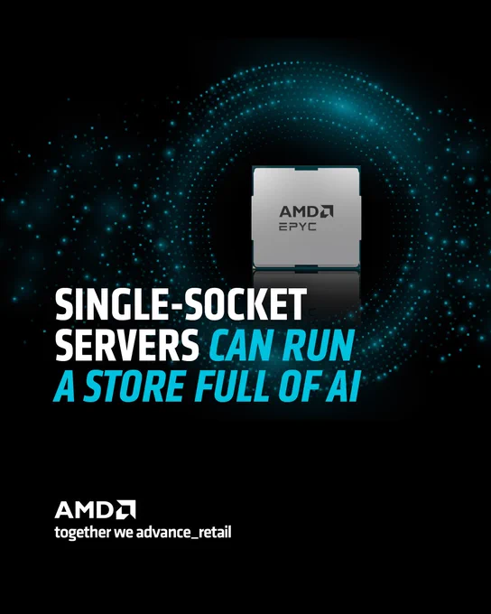 Image of an AMD EPYC processor surrounded by a digital aura. Text reads, "Single-socket servers can run a store full of AI." The AMD logo and tagline "together we advance_retail" are at the bottom.