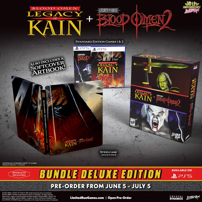 Blood Omen 1 & 2: Legacy of Kain Bundle Deluxe Edition. Both games, softcover artbook, steelbook pre-order from June 5th through July 5th.