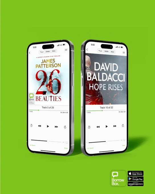 Two smartphones display audiobook players featuring James Patterson's '26 Beauties' and David Baldacci's 'Hope Rises' against a green background.