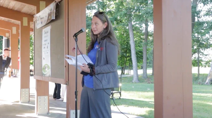 Megan Sinks giving a speech at last year's Shot in the Dark.