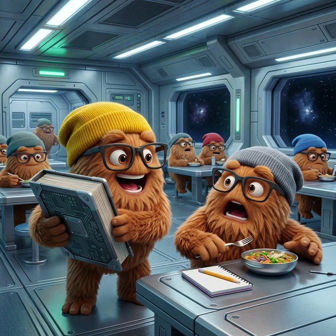 A hairy alien in a yellow beanie and glasses startles another in a gray beanie and glasses in the mess hall on a starship.