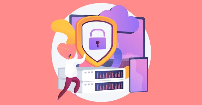 Person securing data servers with a large shield featuring a padlock, symbolizing cybersecurity and data protection.
